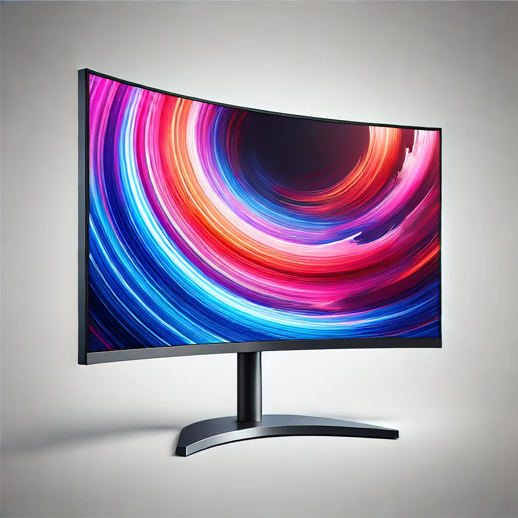 DALL·E 2024-11-10 11.31.22 - A high-quality image of a curved monitor with a vivid display, similar to the previous curved monitor image. The monitor is set on a minimalistic whit