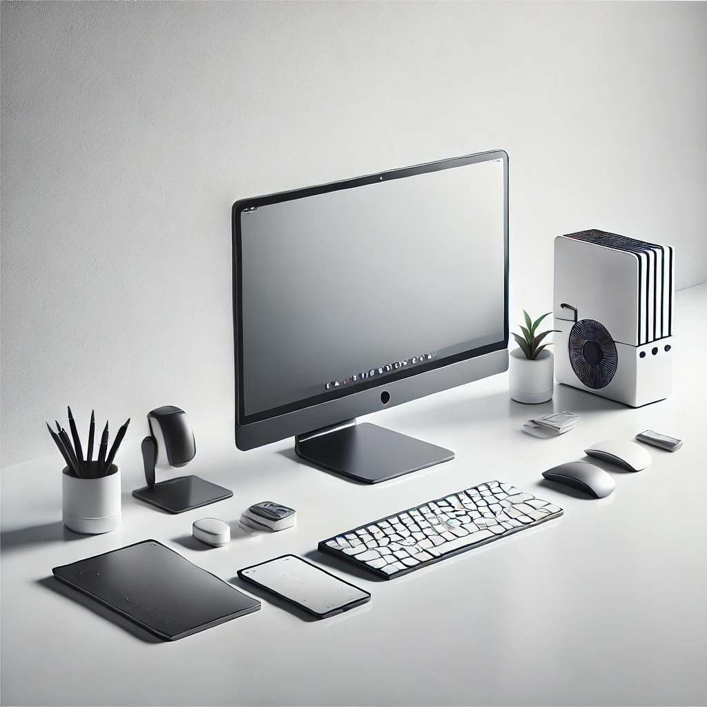 DALL·E 2024-11-10 11.32.10 - A high-quality image of a computer and office setup with a sleek desktop computer, keyboard, and accessories on a minimalistic white background. The s