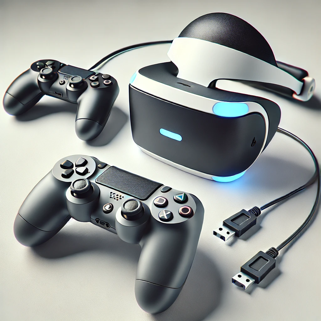 DALL·E 2024-11-10 11.33.09 - A high-quality image featuring gaming and entertainment devices like a console controller and VR headset on a minimalistic white background. Include a